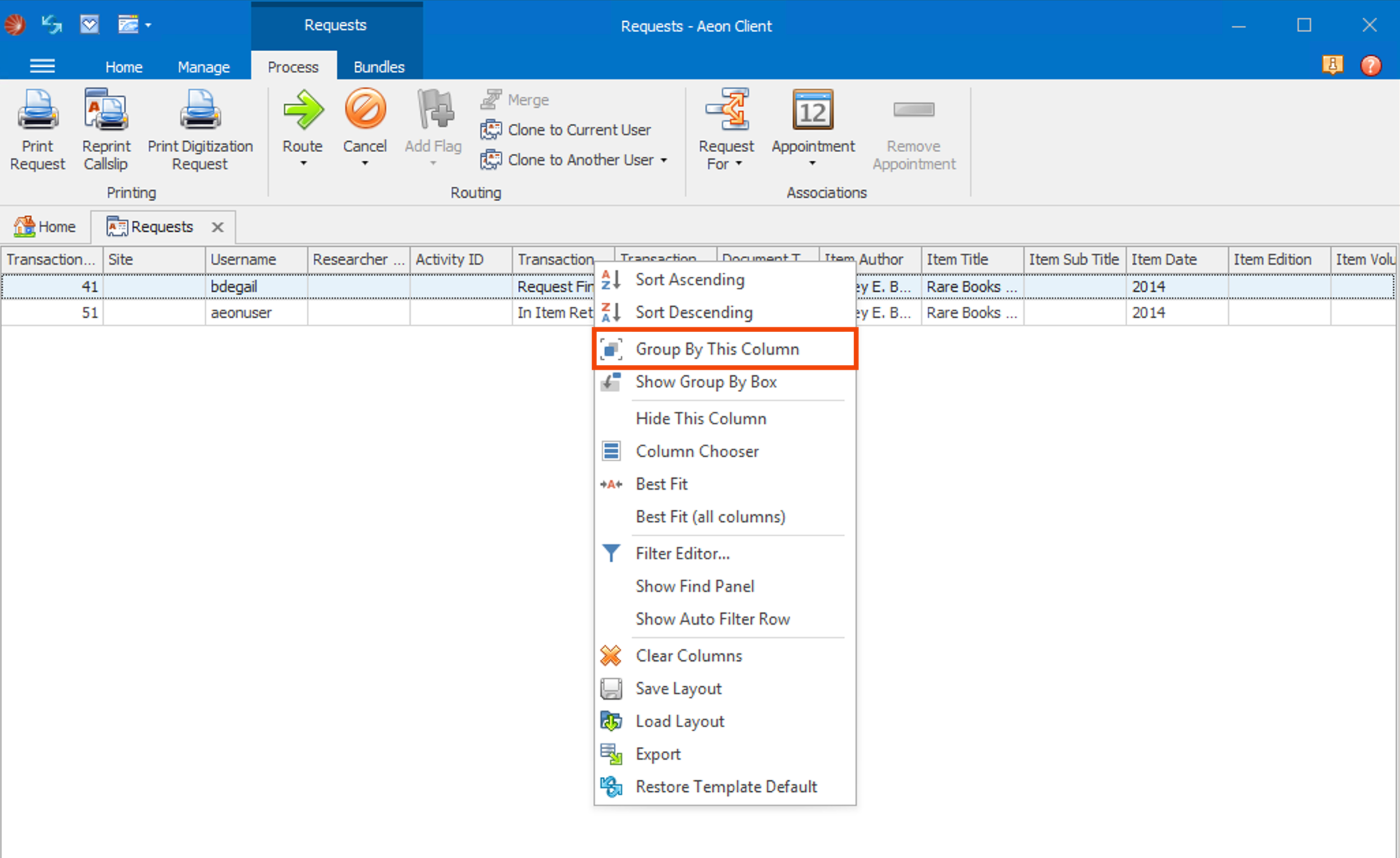 Group By This Column option highlighted in menu